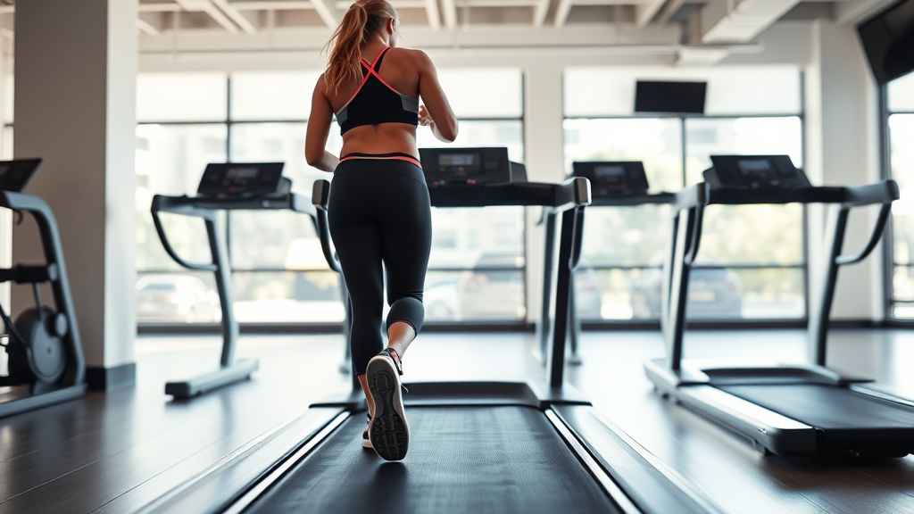 밝은 체육관에서 운동복을 입은 사람이 런닝머신 위에서 가볍게 걷고 있는 워밍업 장면