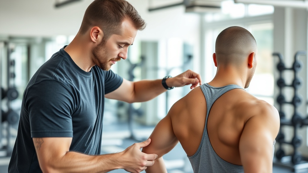 트레이너가 회원의 어깨 가동 범위를 체크하며 올바른 워밍업 자세를 지도하는 장면